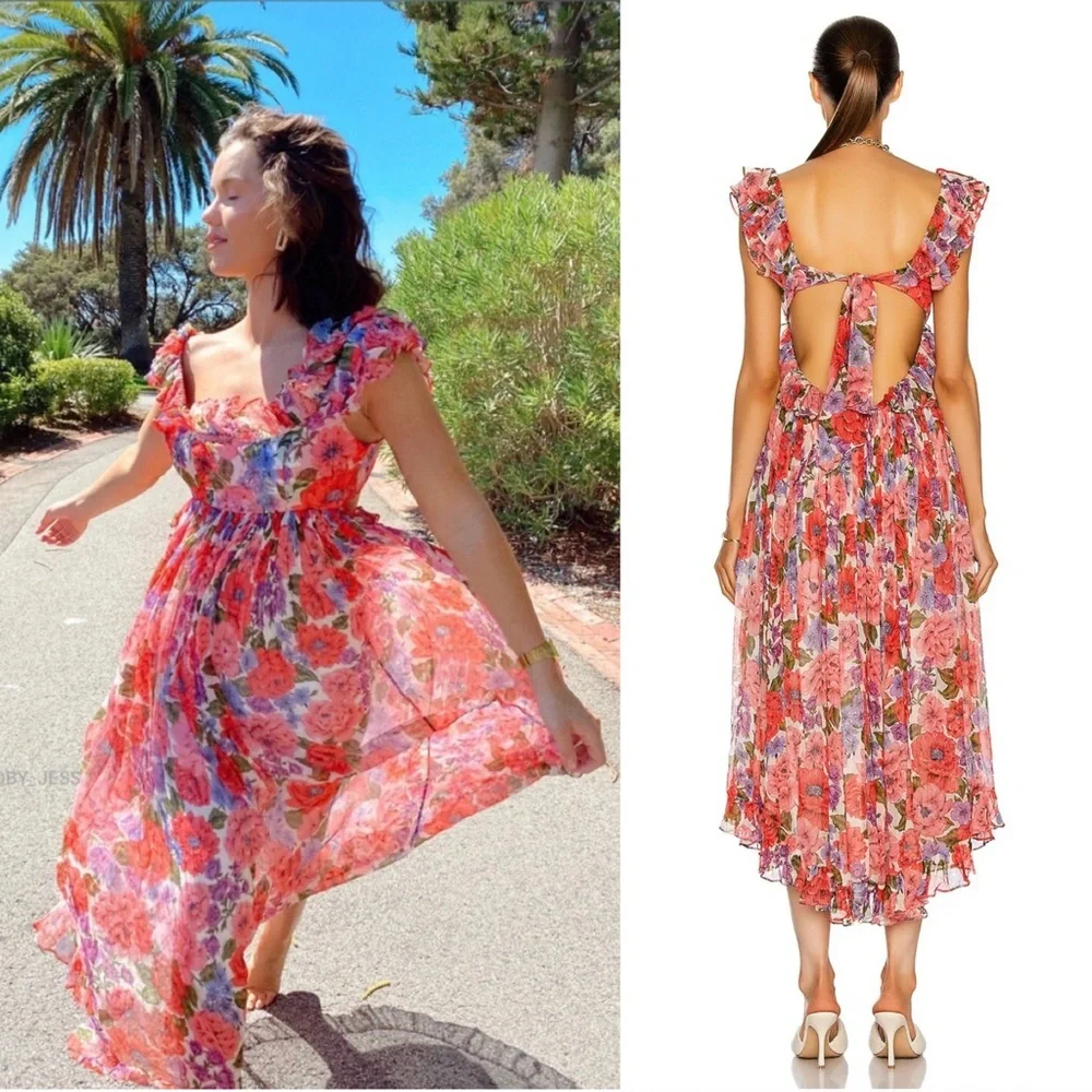 ZIMMERMANN Silk Floral Print Sleeveless Empire Waist Tie Back Lovestruck Dress M - Picture 3 of 16